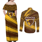 Hawthorn Hawks Australian Football Couples Matching Off Shoulder Maxi Dress and Long Sleeve Button Shirt Fierce Bird Mascot With Indigenous Pattern Art