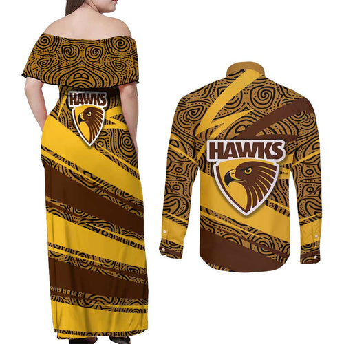 Hawthorn Hawks Australian Football Couples Matching Off Shoulder Maxi Dress and Long Sleeve Button Shirt Fierce Bird Mascot With Indigenous Pattern Art