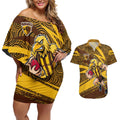 Hawthorn Hawks Australian Football Couples Matching Off Shoulder Short Dress and Hawaiian Shirt Fierce Bird Mascot With Indigenous Pattern Art