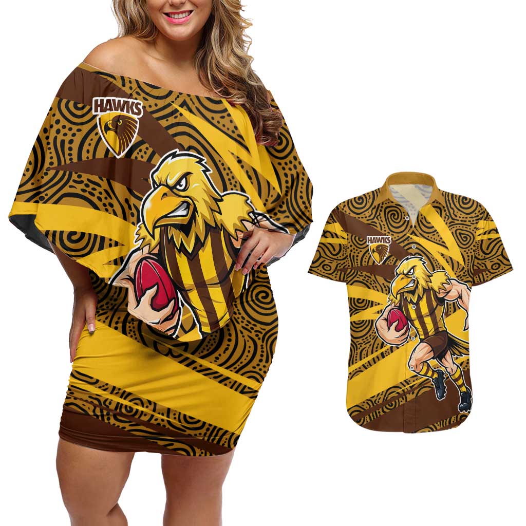 Hawthorn Hawks Australian Football Couples Matching Off Shoulder Short Dress and Hawaiian Shirt Fierce Bird Mascot With Indigenous Pattern Art