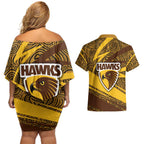 Hawthorn Hawks Australian Football Couples Matching Off Shoulder Short Dress and Hawaiian Shirt Fierce Bird Mascot With Indigenous Pattern Art