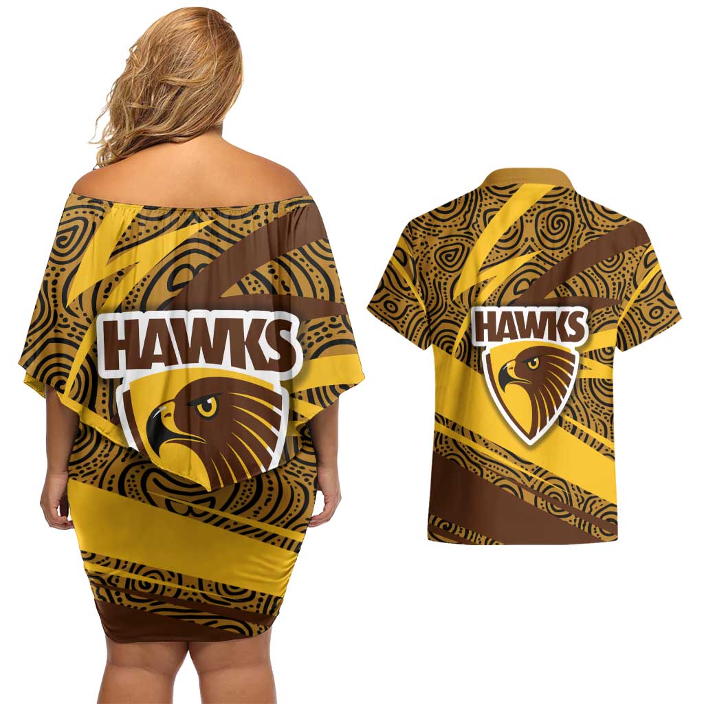 Hawthorn Hawks Australian Football Couples Matching Off Shoulder Short Dress and Hawaiian Shirt Fierce Bird Mascot With Indigenous Pattern Art