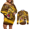 Hawthorn Hawks Australian Football Couples Matching Off Shoulder Short Dress and Long Sleeve Button Shirt Fierce Bird Mascot With Indigenous Pattern Art