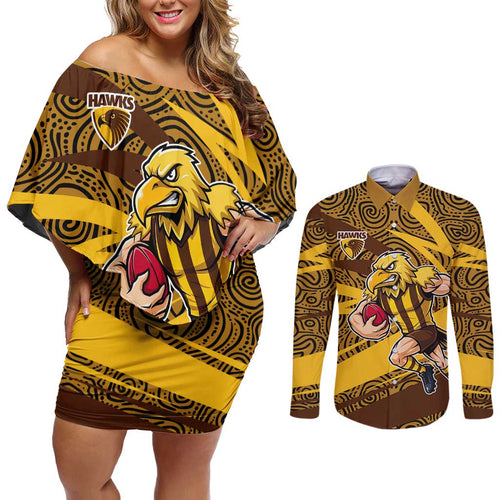 Hawthorn Hawks Australian Football Couples Matching Off Shoulder Short Dress and Long Sleeve Button Shirt Fierce Bird Mascot With Indigenous Pattern Art