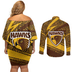 Hawthorn Hawks Australian Football Couples Matching Off Shoulder Short Dress and Long Sleeve Button Shirt Fierce Bird Mascot With Indigenous Pattern Art