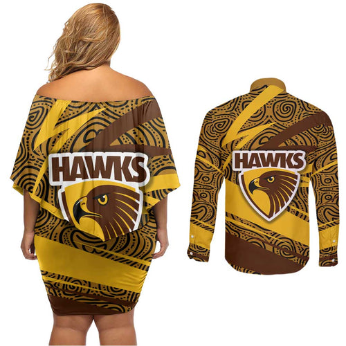 Hawthorn Hawks Australian Football Couples Matching Off Shoulder Short Dress and Long Sleeve Button Shirt Fierce Bird Mascot With Indigenous Pattern Art