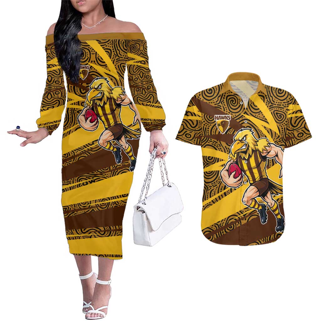 Hawthorn Hawks Australian Football Couples Matching Off The Shoulder Long Sleeve Dress and Hawaiian Shirt Fierce Bird Mascot With Indigenous Pattern Art