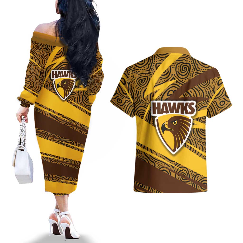Hawthorn Hawks Australian Football Couples Matching Off The Shoulder Long Sleeve Dress and Hawaiian Shirt Fierce Bird Mascot With Indigenous Pattern Art