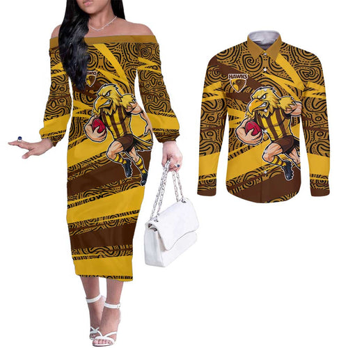 Hawthorn Hawks Australian Football Couples Matching Off The Shoulder Long Sleeve Dress and Long Sleeve Button Shirt Fierce Bird Mascot With Indigenous Pattern Art