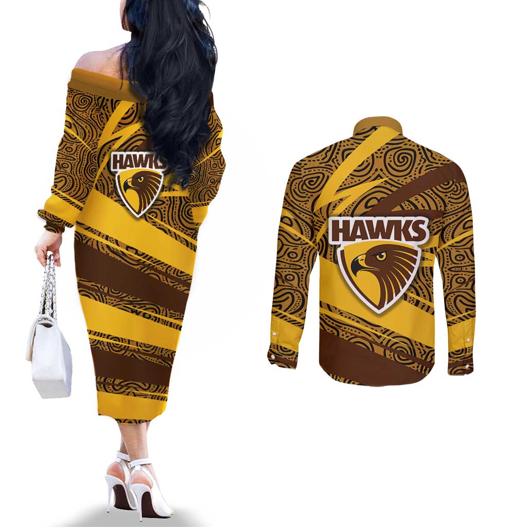 Hawthorn Hawks Australian Football Couples Matching Off The Shoulder Long Sleeve Dress and Long Sleeve Button Shirt Fierce Bird Mascot With Indigenous Pattern Art