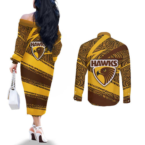 Hawthorn Hawks Australian Football Couples Matching Off The Shoulder Long Sleeve Dress and Long Sleeve Button Shirt Fierce Bird Mascot With Indigenous Pattern Art