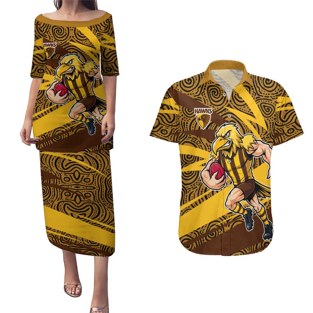 Hawthorn Hawks Australian Football Couples Matching Puletasi and Hawaiian Shirt Fierce Bird Mascot With Indigenous Pattern Art