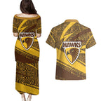 Hawthorn Hawks Australian Football Couples Matching Puletasi and Hawaiian Shirt Fierce Bird Mascot With Indigenous Pattern Art