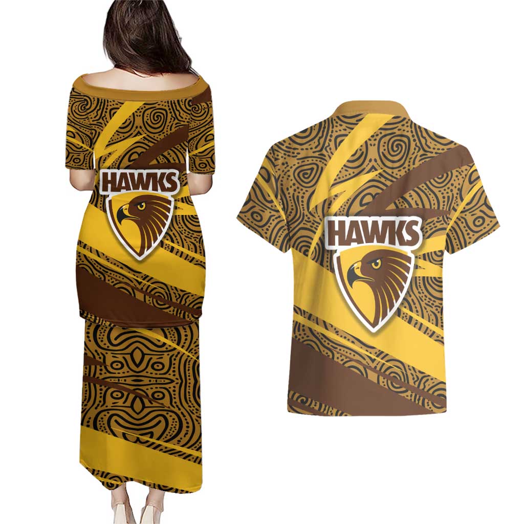 Hawthorn Hawks Australian Football Couples Matching Puletasi and Hawaiian Shirt Fierce Bird Mascot With Indigenous Pattern Art