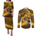 Hawthorn Hawks Australian Football Couples Matching Puletasi and Long Sleeve Button Shirt Fierce Bird Mascot With Indigenous Pattern Art