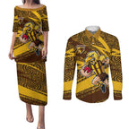 Hawthorn Hawks Australian Football Couples Matching Puletasi and Long Sleeve Button Shirt Fierce Bird Mascot With Indigenous Pattern Art