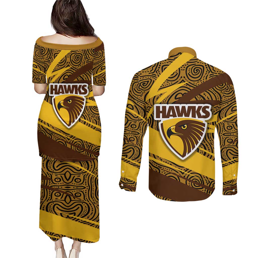 Hawthorn Hawks Australian Football Couples Matching Puletasi and Long Sleeve Button Shirt Fierce Bird Mascot With Indigenous Pattern Art