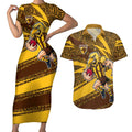 Hawthorn Hawks Australian Football Couples Matching Short Sleeve Bodycon Dress and Hawaiian Shirt Fierce Bird Mascot With Indigenous Pattern Art