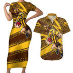 Hawthorn Hawks Australian Football Couples Matching Short Sleeve Bodycon Dress and Hawaiian Shirt Fierce Bird Mascot With Indigenous Pattern Art