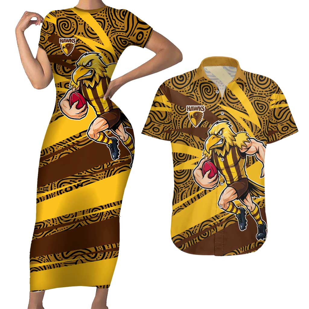 Hawthorn Hawks Australian Football Couples Matching Short Sleeve Bodycon Dress and Hawaiian Shirt Fierce Bird Mascot With Indigenous Pattern Art
