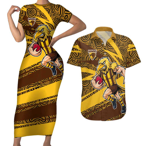 Hawthorn Hawks Australian Football Couples Matching Short Sleeve Bodycon Dress and Hawaiian Shirt Fierce Bird Mascot With Indigenous Pattern Art