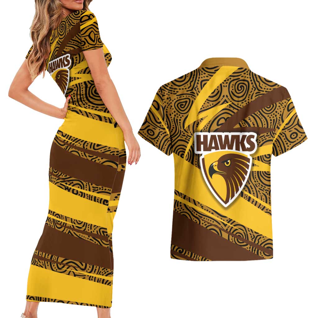 Hawthorn Hawks Australian Football Couples Matching Short Sleeve Bodycon Dress and Hawaiian Shirt Fierce Bird Mascot With Indigenous Pattern Art