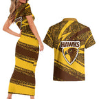 Hawthorn Hawks Australian Football Couples Matching Short Sleeve Bodycon Dress and Hawaiian Shirt Fierce Bird Mascot With Indigenous Pattern Art