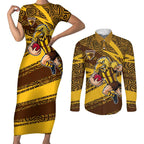 Hawthorn Hawks Australian Football Couples Matching Short Sleeve Bodycon Dress and Long Sleeve Button Shirt Fierce Bird Mascot With Indigenous Pattern Art