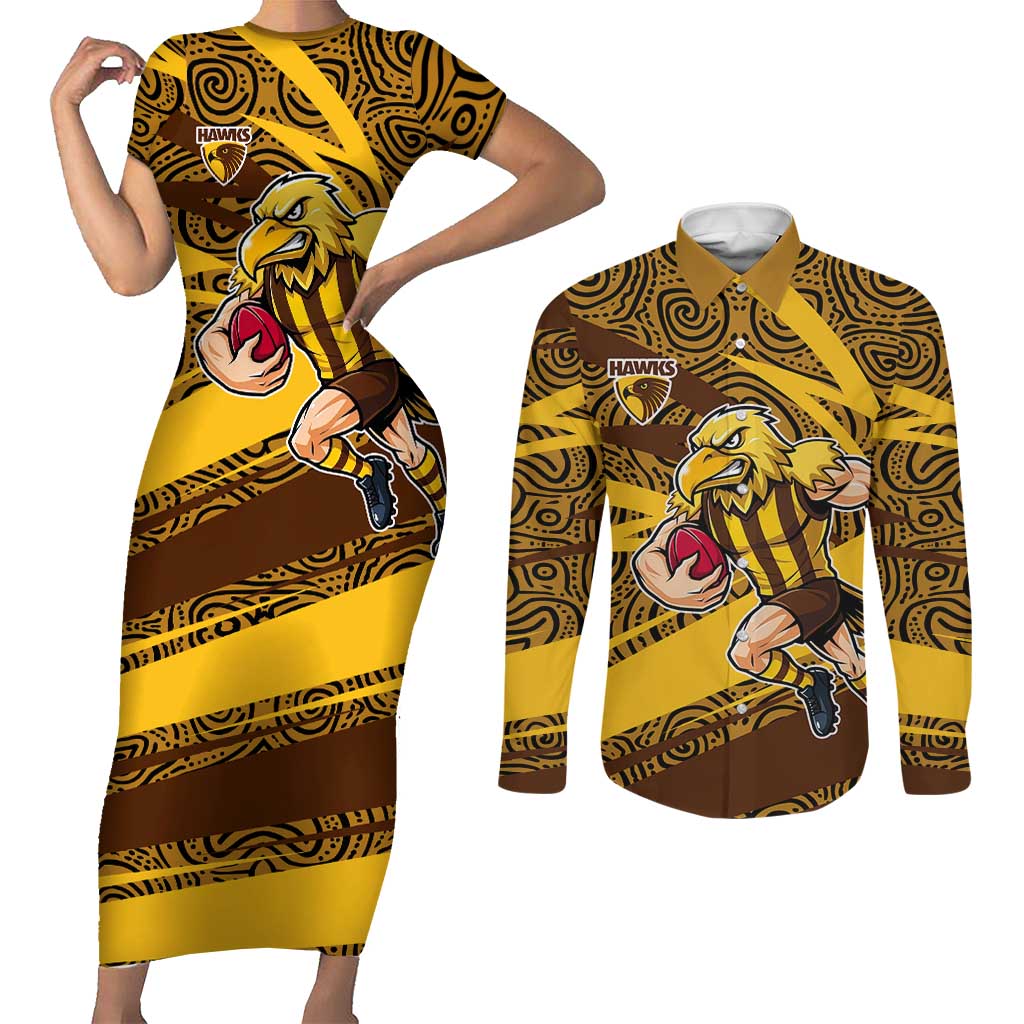 Hawthorn Hawks Australian Football Couples Matching Short Sleeve Bodycon Dress and Long Sleeve Button Shirt Fierce Bird Mascot With Indigenous Pattern Art
