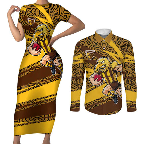 Hawthorn Hawks Australian Football Couples Matching Short Sleeve Bodycon Dress and Long Sleeve Button Shirt Fierce Bird Mascot With Indigenous Pattern Art