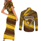 Hawthorn Hawks Australian Football Couples Matching Short Sleeve Bodycon Dress and Long Sleeve Button Shirt Fierce Bird Mascot With Indigenous Pattern Art