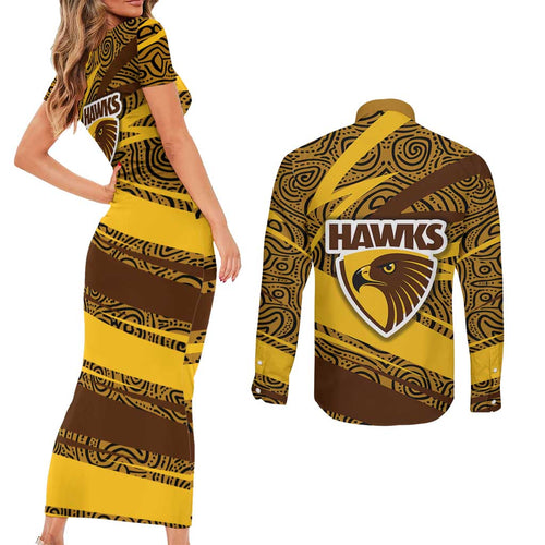 Hawthorn Hawks Australian Football Couples Matching Short Sleeve Bodycon Dress and Long Sleeve Button Shirt Fierce Bird Mascot With Indigenous Pattern Art