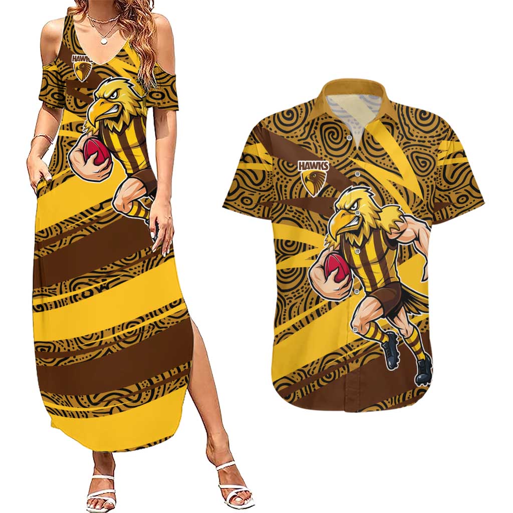 Hawthorn Hawks Australian Football Couples Matching Summer Maxi Dress and Hawaiian Shirt Fierce Bird Mascot With Indigenous Pattern Art