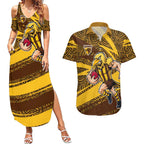 Hawthorn Hawks Australian Football Couples Matching Summer Maxi Dress and Hawaiian Shirt Fierce Bird Mascot With Indigenous Pattern Art