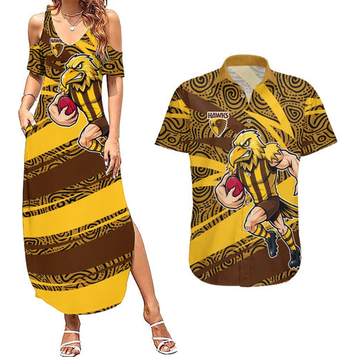 Hawthorn Hawks Australian Football Couples Matching Summer Maxi Dress and Hawaiian Shirt Fierce Bird Mascot With Indigenous Pattern Art