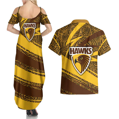 Hawthorn Hawks Australian Football Couples Matching Summer Maxi Dress and Hawaiian Shirt Fierce Bird Mascot With Indigenous Pattern Art