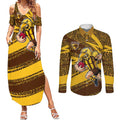 Hawthorn Hawks Australian Football Couples Matching Summer Maxi Dress and Long Sleeve Button Shirt Fierce Bird Mascot With Indigenous Pattern Art
