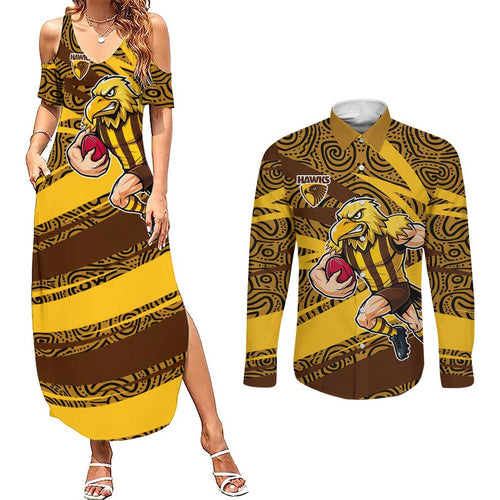 Hawthorn Hawks Australian Football Couples Matching Summer Maxi Dress and Long Sleeve Button Shirt Fierce Bird Mascot With Indigenous Pattern Art