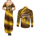Hawthorn Hawks Australian Football Couples Matching Summer Maxi Dress and Long Sleeve Button Shirt Fierce Bird Mascot With Indigenous Pattern Art