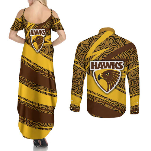 Hawthorn Hawks Australian Football Couples Matching Summer Maxi Dress and Long Sleeve Button Shirt Fierce Bird Mascot With Indigenous Pattern Art