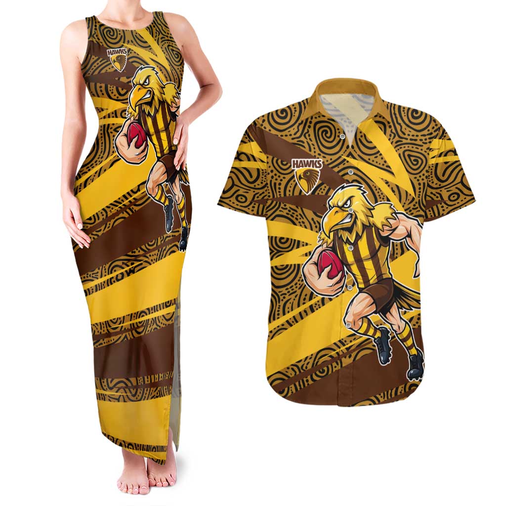Hawthorn Hawks Australian Football Couples Matching Tank Maxi Dress and Hawaiian Shirt Fierce Bird Mascot With Indigenous Pattern Art