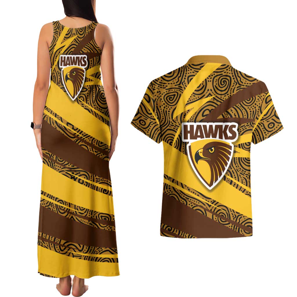 Hawthorn Hawks Australian Football Couples Matching Tank Maxi Dress and Hawaiian Shirt Fierce Bird Mascot With Indigenous Pattern Art