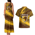 Hawthorn Hawks Australian Football Couples Matching Tank Maxi Dress and Hawaiian Shirt Fierce Bird Mascot With Indigenous Pattern Art