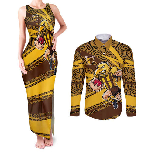 Hawthorn Hawks Australian Football Couples Matching Tank Maxi Dress and Long Sleeve Button Shirt Fierce Bird Mascot With Indigenous Pattern Art