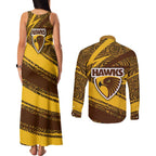 Hawthorn Hawks Australian Football Couples Matching Tank Maxi Dress and Long Sleeve Button Shirt Fierce Bird Mascot With Indigenous Pattern Art