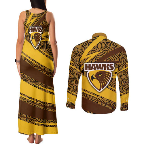 Hawthorn Hawks Australian Football Couples Matching Tank Maxi Dress and Long Sleeve Button Shirt Fierce Bird Mascot With Indigenous Pattern Art