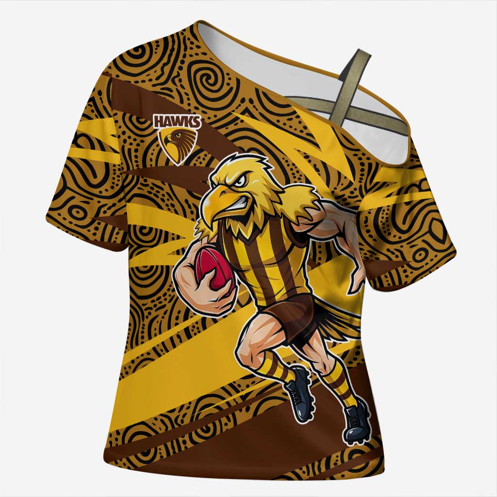 Hawthorn Hawks Australian Football Cross Shoulder Shirt Fierce Bird Mascot With Indigenous Pattern Art