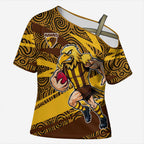 Hawthorn Hawks Australian Football Cross Shoulder Shirt Fierce Bird Mascot With Indigenous Pattern Art