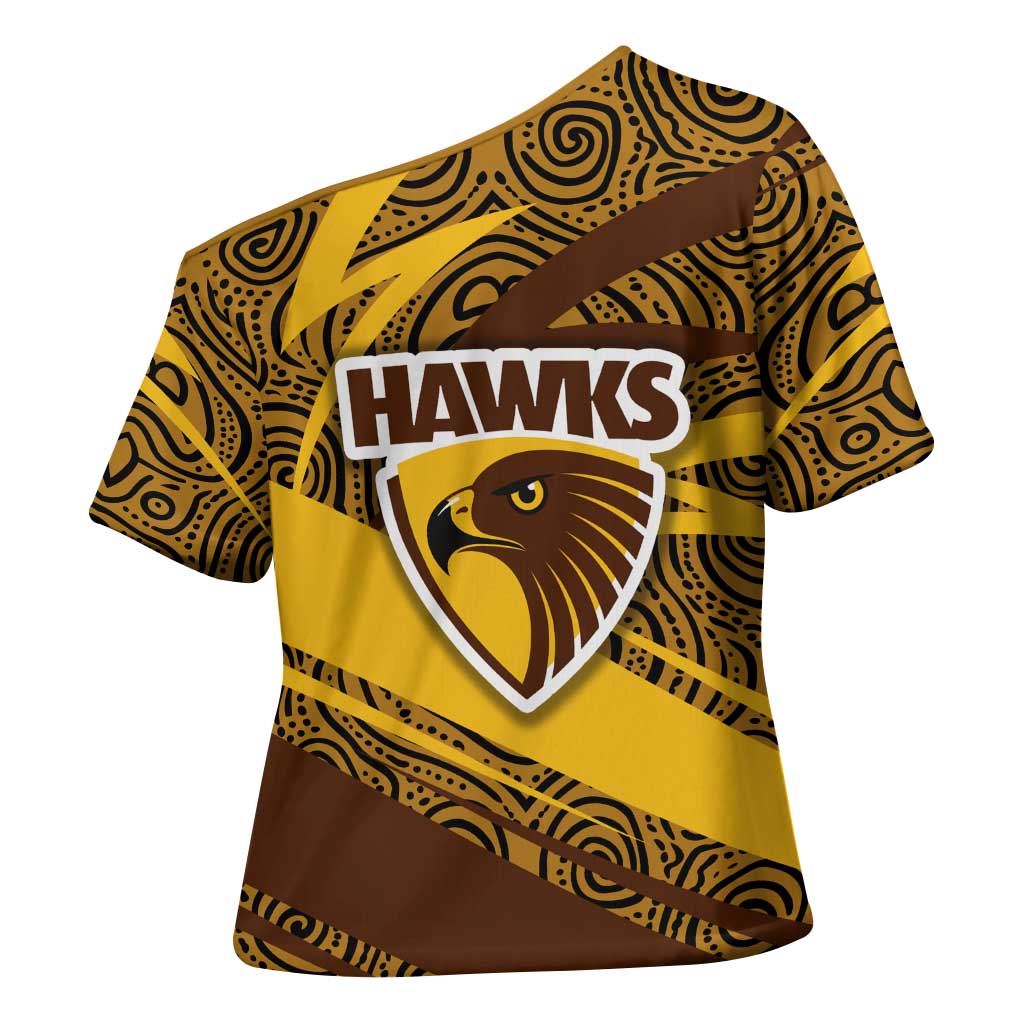 Hawthorn Hawks Australian Football Cross Shoulder Shirt Fierce Bird Mascot With Indigenous Pattern Art