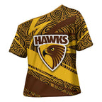 Hawthorn Hawks Australian Football Cross Shoulder Shirt Fierce Bird Mascot With Indigenous Pattern Art